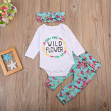 3PCS Newborn Baby Girl Clothes Long Sleeve Wold Flower Romper Tops+Floral Pant Legging Hat Outfit Children Kids Clothing Set