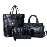 3Pcs Luxury Alligator Crocodile Women Leather Handbag Set Famous Brand Women Shoulder Bags Ladies Handbags Purse Clutch Bag Gold