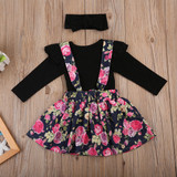 3Pcs Clothing Flower Girl Dress Newborn Baby Tops Romper+ Floral overalls Dress Kids Skirt Outfit Set