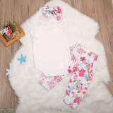 3PCS Baby Clothing Newborn Toddler Baby Girl Lace Tops Romper +Floral Pants +Bow Headband Outfit Clothes