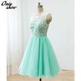 Cute Mint Green Lace Tulle Back Buttons Knee Length Prom Dresses Short Party Dress Vestido De Festa