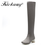 Kickway FauxSuede Women Boots Shoes Winter Knee High Boots Sexy Stretch Over The Knee High Boots Black Slim Fit Thigh High Heels
