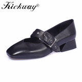 Kickway Cow Leather Shoes Woman Genuine Leather Square Toe Thick Med Heel Dress Shoes Women Buckle Fashion Mary Jane Shoes