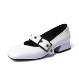Kickway Cow Leather Shoes Woman Genuine Leather Square Toe Thick Med Heel Dress Shoes Women Buckle Fashion Mary Jane Shoes