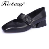 Kickway Cow Leather Shoes Woman Genuine Leather Square Toe Thick Med Heel Dress Shoes Women Buckle Fashion Mary Jane Shoes