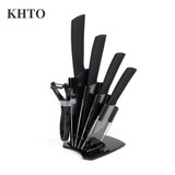 KHTO Kitchen knives Ceramic Knives Accessories set 3" Paring 4" Utility 5" Slicing 6" chef Knife+Holder+Peeler Black Blade