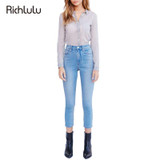 RichLuLu Denim Women Sexy Slim Streetwear Jeans Solid Blue High Waist Cropped Pants Pockets and Zipper Casual Skinny Jeans