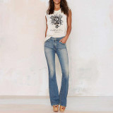 Richkoko Apparel Women Slim Casual Pants Low Waist Distressed Style Jeans Solid Blue Pockets Zipper Streetwear Flare Jeans