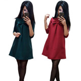 Cute Bow-knot Loose Straight Autumn Dress 2017 Women Fashion Beach Style Dress Solid Color Half Sleeve Dresses Plus Size