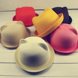 Cute Baby Girl Straw Hat Ear Summer Bucket Hat For Children Solid Color Boy Beach Hats Summer Beach Sun Cap For Kids