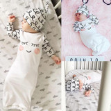 Cute Baby Cotton Sleepy Eyes+Rosy Cheeks Outfit Baby Gown Hat Infant Newborn Rompers Gift 2pcs Set
