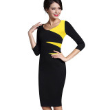 Nice-forever Vintage Stylish Ladylike Casual Patchwork 3/4 Sleeve O-Neck Bodycon Women Office Wear to work Pencil Dress B346