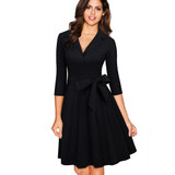 Nice-forever Vintage Solid Color Turn-Down V Collar Elegant vestidos 3/4 Sleeve A-Line Pinup Business Women Flare Dress A060