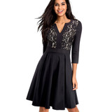 Nice-forever Vintage Solid Black Flower Lace Patchwork Elegant vestidos 3/4 Sleeve A-Line Pinup Business Women Flare Dress A056