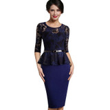 Nice-forever Vintage Ladylike Sexy Lace top 3/4 Sleeve O-Neck Peplum Tunic Bodycon Women Wear to Work Office Pencil Dress B360