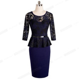 Nice-forever Vintage Ladylike Sexy Lace top 3/4 Sleeve O-Neck Peplum Tunic Bodycon Women Wear to Work Office Pencil Dress B360