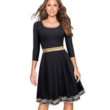 Nice-forever Vintage Elegant Embroidery Flower Patchwork Zipper vestidos O-Neck A-Line Pinup Business Women Flare Dress A069