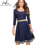 Nice-forever Vintage Elegant Embroidery Flower Patchwork Zipper vestidos O-Neck A-Line Pinup Business Women Flare Dress A069
