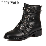 E TOY WORD 2017 New Leather Rivets Booties Buckle Straps Thick Heel Black Ankle Boots Studded Motorcycle Winter Woman Boots