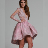 Dusty Pink Hi-Low elegant Cocktail Dress Long Sleeves Deep V neck Sexy See-Through Mini Women Dress Party Gowns robe cocktail