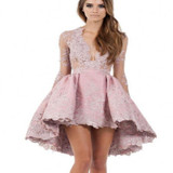 Dusty Pink Hi-Low elegant Cocktail Dress Long Sleeves Deep V neck Sexy See-Through Mini Women Dress Party Gowns robe cocktail