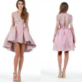 Dusty Pink Hi-Low elegant Cocktail Dress Long Sleeves Deep V neck Sexy See-Through Mini Women Dress Party Gowns robe cocktail