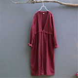 Johnature Women Trench Coats V-Neck Cotton Linen Vintage 2017 Autumn Original Fashion Loose 3 Colour Thicken High Quality Trench