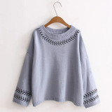Johnature Women Sweet Sweater Autumn 2017 New Cotton knitting Soft Comfortably Solid Embroidery O-Neck Loose Flare Sleeve Brief