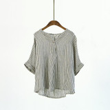 Johnature Women Striped Shirts 2018 Summer New Batwing Sleeve Casual Blouses Linen Japanese Blouse Loose Vintage Simple Top