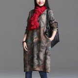 Johnature Women Dress Vintage 2018 Spring New Plus Size Women Clothes Loose Korean Fashion Cotton Robe Print Floral Warm Dress