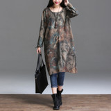 Johnature Women Dress Vintage 2017 Autumn New Plus Size Women Clothes Loose Korean Fashion Cotton Linen Print Floral Warm Dress