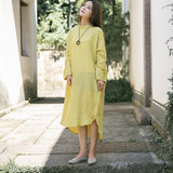 Johnature Women Casual Dress Autumn 2017 New Ramie Cotton Solid Soft Loose O-Neck Full Sleeve Brief Asymmetrical Vintage Dresses