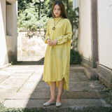 Johnature Women Casual Dress Autumn 2017 New Ramie Cotton Solid Soft Loose O-Neck Full Sleeve Brief Asymmetrical Vintage Dresses