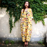Johnature Floral Flower Pint V-neck Cotton Linen Vintage Dress Three Quarter Sleeve Women Plus Size Loose 2017 New Spring Robe