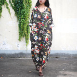 Johnature Floral Flower Pint V-neck Cotton Linen Vintage Dress Three Quarter Sleeve Women Plus Size Loose 2017 New Spring Robe