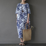 Johnature Cotton Linen Vintage Flower Pint Women Fall Dress Half Sleeve O-neck Washed Plus Size Loose 2018 New Spring Women Robe