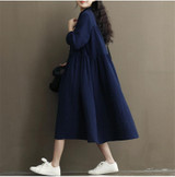 Johnature Cotton Linen White Color Women Dress 2017 Autumn New Long Sleeve Stand Neck Loose Bat Sleeve Irregular Dress