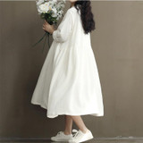 Johnature Cotton Linen White Color Women Dress 2017 Autumn New Long Sleeve Stand Neck Loose Bat Sleeve Irregular Dress