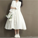 Johnature Cotton Linen White Color Women Dress 2017 Autumn New Long Sleeve Stand Neck Loose Bat Sleeve Irregular Dress