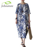 Johnature Cotton Linen Vintage Flower Pint Women Fall Dress Half Sleeve O-neck Washed Plus Size Loose 2017 New Autumn Women Robe