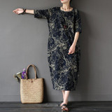 Johnature Cotton Linen Vintage Flower Pint Women Fall Dress Half Sleeve O-neck Washed Plus Size Loose 2017 New Autumn Women Robe
