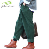 Johnature 2017 Women Corduroy Pants Vintage Spring Autumn Casual Thicken Warm Elastic Waist Loose Cotton Pleated Trousers