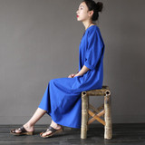Johnature 2017 Spring New Three Quarter Sleeve Cotton Linen V-neck Loose Vintage Dress  Autumn Plus Size Women Dress