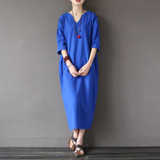 Johnature 2017 Spring New Three Quarter Sleeve Cotton Linen V-neck Loose Vintage Dress  Autumn Plus Size Women Dress