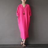 Johnature 2017 Spring New Three Quarter Sleeve Cotton Linen V-neck Loose Vintage Dress  Autumn Plus Size Women Dress