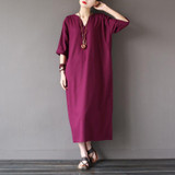 Johnature 2017 Spring New Three Quarter Sleeve Cotton Linen V-neck Loose Vintage Dress  Autumn Plus Size Women Dress