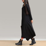 Johnature 2017 Autumn New Women Black Color Casual Dress Robe Long Sleeve V Neck Loose Brief Loose Irregular Long Dress