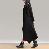 Johnature 2017 Autumn New Women Black Color Casual Dress Robe Long Sleeve V Neck Loose Brief Loose Irregular Long Dress