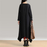 Johnature 2017 Autumn New Women Black Color Casual Dress Robe Long Sleeve V Neck Loose Brief Loose Irregular Long Dress