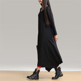 Johnature 2017 Autumn New Women Black Color Casual Dress Robe Long Sleeve V Neck Loose Brief Loose Irregular Long Dress